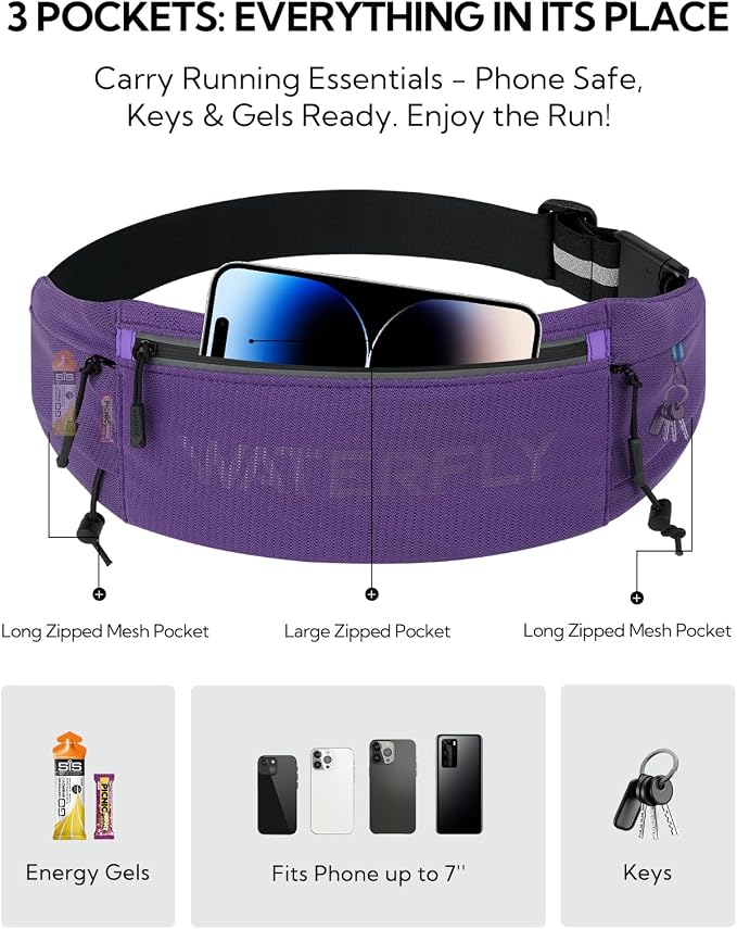 WATERFLY Running Belt Fanny Pack: Breathable 3 Pocket Waist Bag for Men Women Workout Exercise Fitness Phone Holder Fits All Phones - Runner Marathon Jogging Race Belt with Bib Clip Purple
