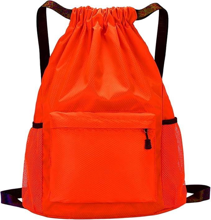 Tygelluis Drawstring Backpack, Waterproof Gym Bag with Water Bottle Pocket for Women Men, Pull String Sport Bag for Swim, Soccer and Basketball,Orange