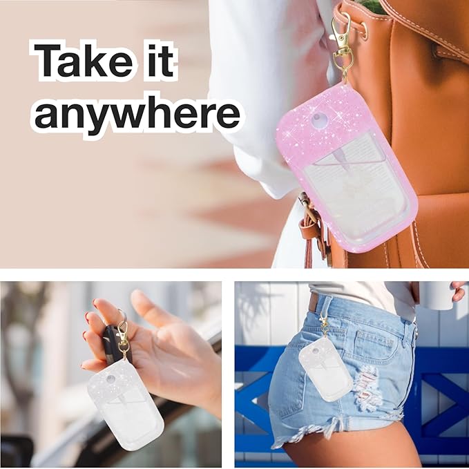 2PCS Silicone Glitter Case for Touchland Power Mist (1FL. OZ./30 mL), Protective and Stylish Case with Keychain Compatible with Touchland Hand Sanitizer Spray (2P-Glitter Pink/Glitter White)