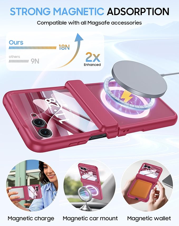Magnetic for Motorola Razr Ultra 2026/2025 Case,Hinge Protection, Screen Protector, Compatible with MagSafe, Translucent Frosted, Shockproof Slim Cover for Razr Ultra 2026/2025-Rose Red