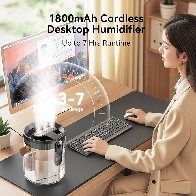 KIMMOO Rechargeable Portable Top Fill Humidifier, Smart Humidifiers for Bedroom, Night Light, 1.4L Cool Mist Humidifier for Office Home Plant Baby, 3-Speed Mist Control, Quiet, Auto Shut-Off (Grey)