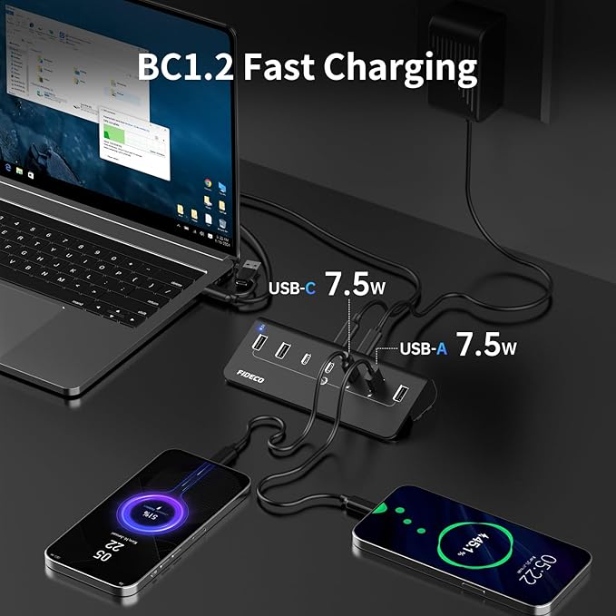 FIDECO Powered USB Hub, 7 Port 10Gbps Fast Data Hub for iPhone 16/15 and Laptop, Full Aluminum USB Splitter with 5V 3A Power Adapter, 4 USB A and 3 USB C Ports, Support BC1.2 Charging