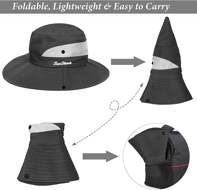 Sun Hat for Women Summer UV Protection Beach Hat Wide Brim Mesh Bucket Fishing Hat with Ponytail Hole Foldable Packable Hat