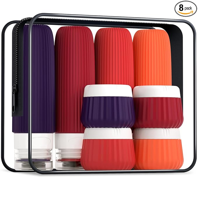 Mrsdry Travel Bottles for Toiletries 8 Pack, TSA Approved 3 oz Travel Containers, Clear Bag, Leak Proof Silicone Squeezable Jars