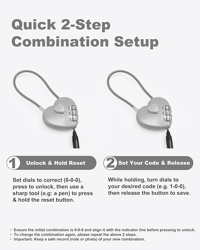 Combination Lock with Cable, Combo Lock with Code, Small Cable Padlock Combination for Travel Essentials, Luggage, Bike Motorcycle Helmet, Outdoor Fence Gate, Cabinet, Refrigerator Door