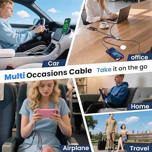 4 in 2 Multi Charging Cable, [Dual Type-C Port][5FT] USB A/C Charging Cables for Multiple Devices with IP/Micro/iPhone 17 Port, Universal USB C Cable Phone Charger Cord for iPhone 16-12, Tablet Pad