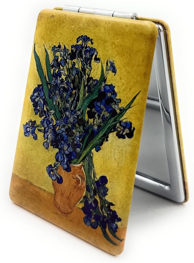 Irises Mirror Compact Floral Traval Mirror Yellow with Green Flowers Pocket Cosmetic Mirrors for Ladies Light Weighted Foldable Magnifying