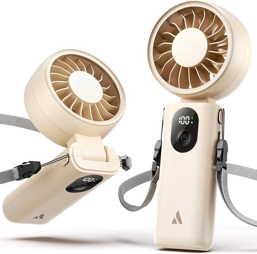 Aecooly Mighty Portable Handheld Fan | 20H Max Cooling Time | 3 Flexible Modes | 5 Speeds Wind | Battery Level Display | USB Rechargeable Mini Personal Battery Powered, Gifts for Women, Travel -Beige