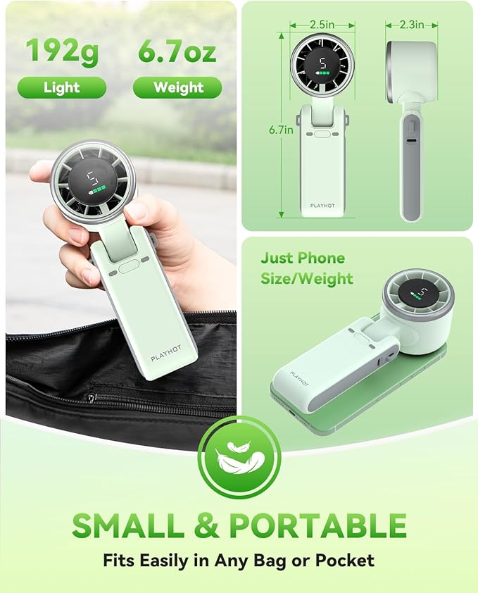 PlayHot Portable Handheld Turbo Fan, 5-Speed Personal Fan, USB-C Rechargeable Fan Up to 12 Hours, 3 IN 1 Hand Fan with Air Turbo Tech Cooling, Travel Fan for Cruise, Beach, Gifts for Women (Green)