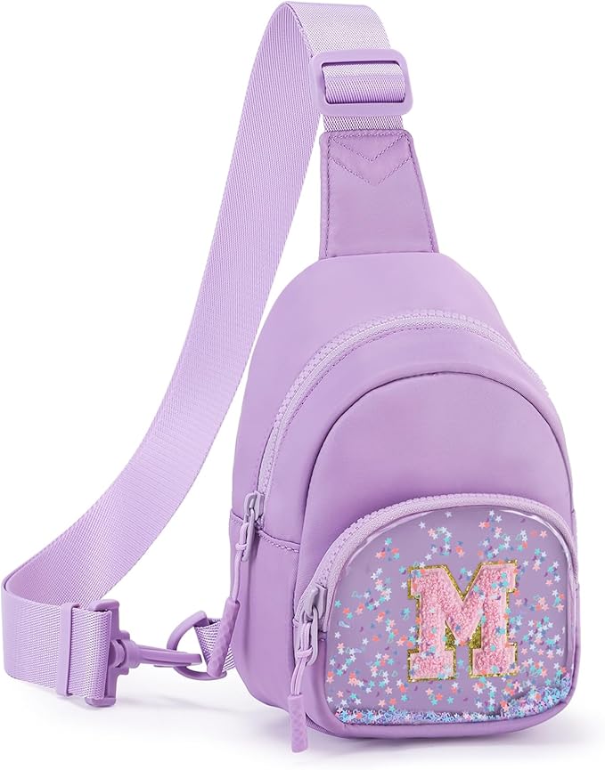 Viverte Birthday Gifts for Girls Small Clear Initial Sling Bag Crossbody Bag Purse Fanny Packs Personalized Monogrammed Gifts for Girls for Travel (Lavender-M)