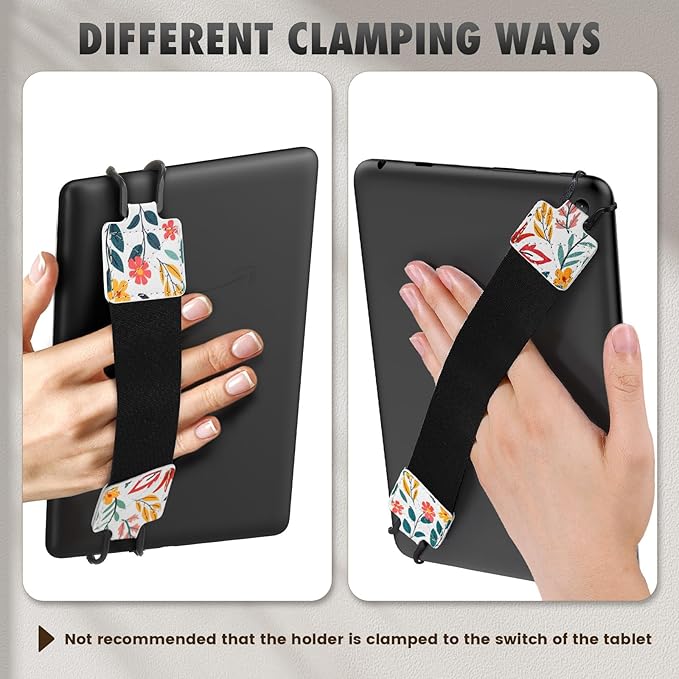 MoKo Security Hand-Strap for 9-11 Inch Tablet, iPad/IP-ad Pro/iPad Air/Kindle Fire HD/Samsung, High-Elasticity Versatile Hand Strap Lightweight Finger Grip Holder, Black Belt, Flowers