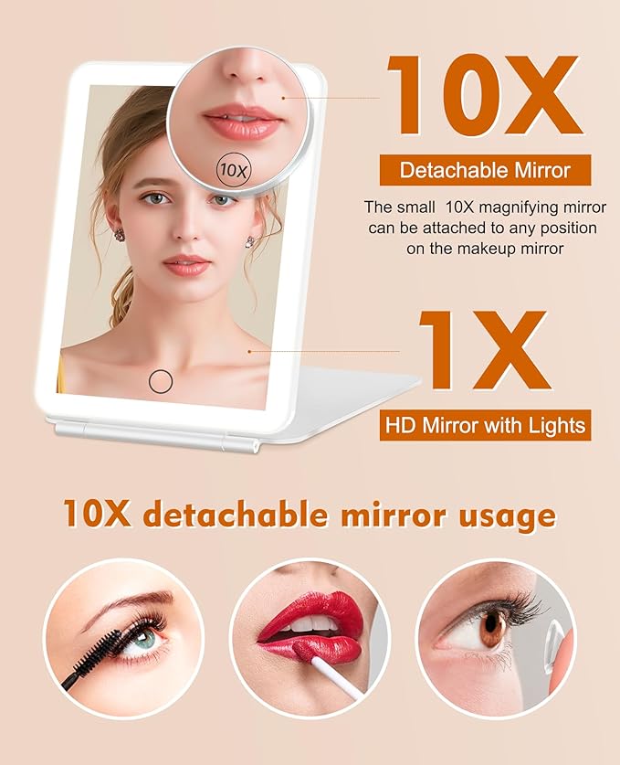 FUNTOUCH Rechargeable Travel Makeup Mirror with Lights and 10X Magnifying Mirrors, Portable Lighted Vanity Mirror with 80 Led,2000mAh Battery,3 Color Lighting,Touch Dimming,Tabletop Light up Mirror