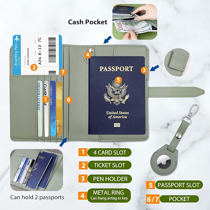 Passport wallets, Mulit-purpose RFID Blocking Passport Holder AirTag Wallet, Travel Wallet（Cream white）