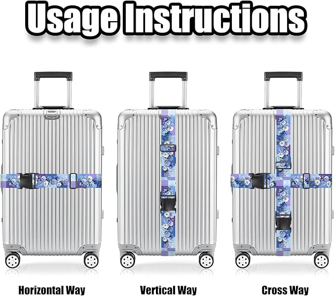 Nuxovilar Luggage Straps of 2 Set Blue & Purple Flowers Pattern, 1.96x90.5 inches - Luggage Straps for Suitcases, Nice for Travel, Weekend Trips, Vacations