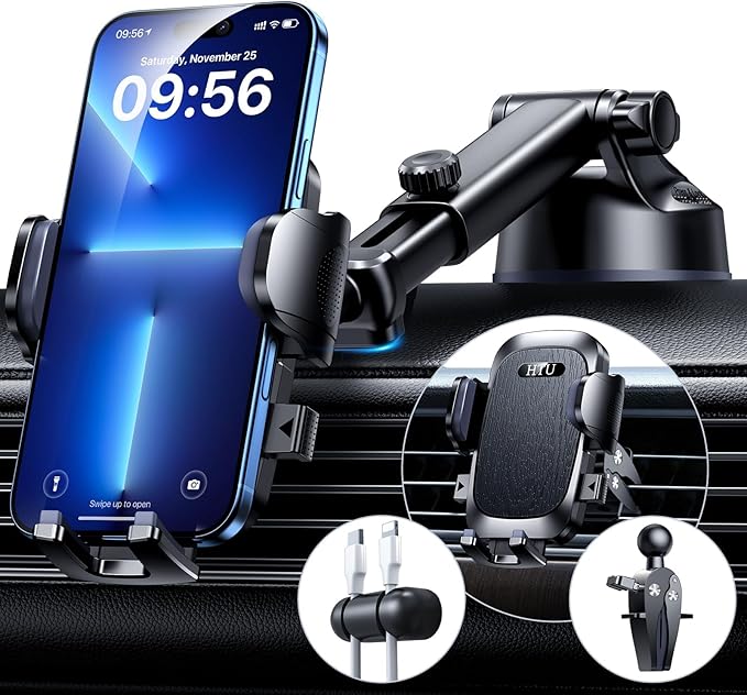 HTU 【98+LBS Strongest Suction & Military-Grade】 Ultimate Car Phone Mount【Patent & Safety Certs】 Cell Phone Holder Truck Stand for Dashboard Windshield Vent for iPhone 17 Pro Max 16 15 Samsung (Black)