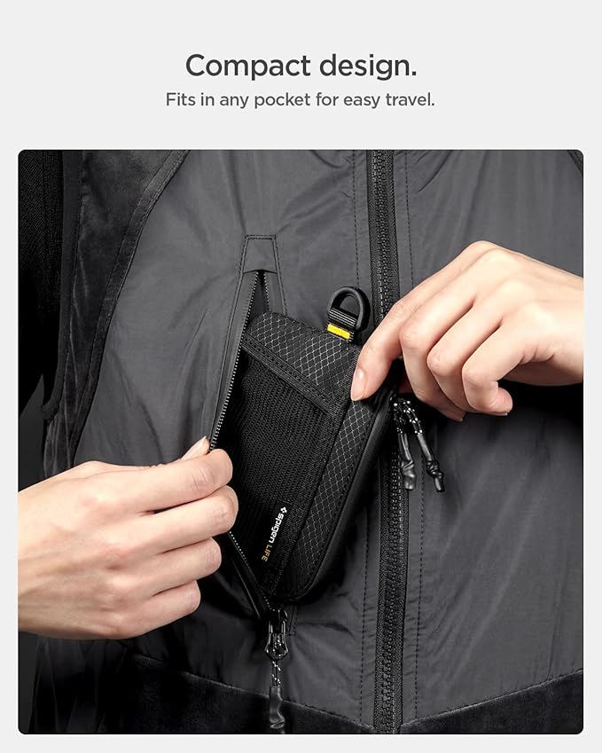 Spigen Life for Soft Material Card Wallet, RFID Blocking Slim EDC Wallet with Mesh Pocket, D-Ring Strap, Waterproof YKK Zipper, Lightweight Everyday Carry Card Holder - Black
