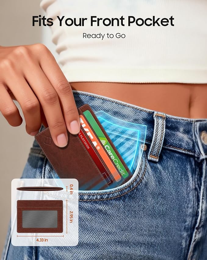 FINTIE Slim Minimalist Front Pocket Wallet, RFID Blocking Credit Card Holder Card Cases with ID Window for Men Women, Vintage Brown