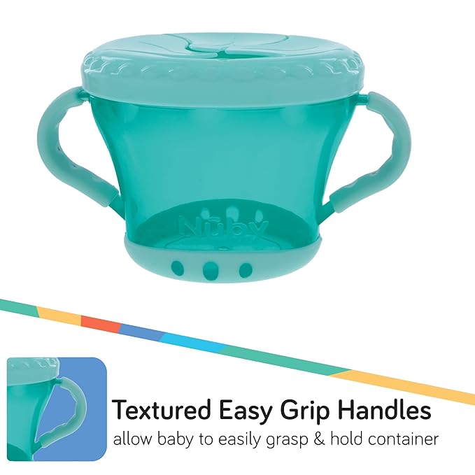 Nuby Toddler Snack Cups with Soft Flaps Lids - (2 Pack) 9 oz - Spill-Resistant Snack Containers for Kids - Portable Food Holders for Travel or Home - Coral and Aqua