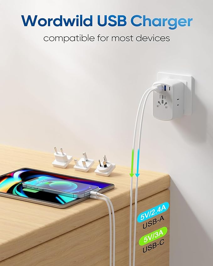 Olcorife Universal Travel Adapter Kit with 3 AC Outlets 4 USB Ports, International Plug Adapter for US EU UK AUS (Type-C/G/A/I), European Travel Essentials