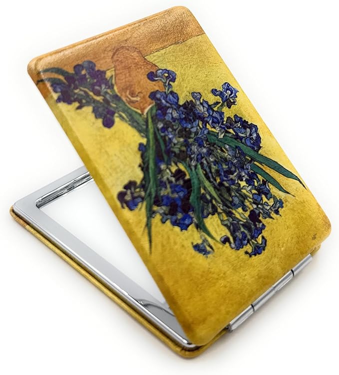 Irises Mirror Compact Floral Traval Mirror Yellow with Green Flowers Pocket Cosmetic Mirrors for Ladies Light Weighted Foldable Magnifying