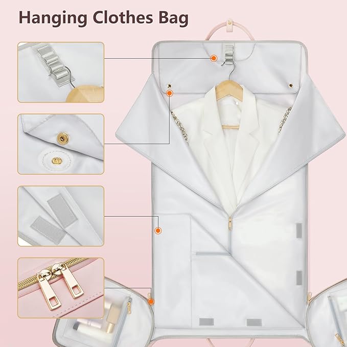 Garment Bags for Travel, Convertible Suit Travel Bag for Women, Fashion & Cute Carry On Garment Bag w/Shoes Pouch, 2 in 1 Foldable PU Leather Hanging Duffle Bag, Single-Zipper Design, Pink