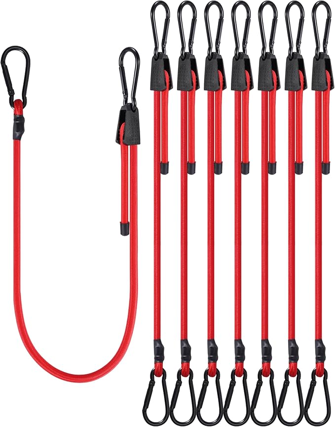 8 Pcs 36 Inch Adjustable Carabiner Bungee Cords with Hooks, Easy to Adjust from 7" to 36", Red Bungee Straps with UV-Resistance & Superior Elasticity for Cargo, Bike, Luggage, Carts, Truck, etc