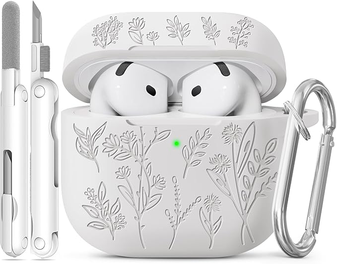 for Airpods 4 Case, Ekoonpft Flower Engraved Cases for Apple AirPods 4th Generation 2024, Soft Silicone Cover for Women Girly with 3-in-1 Cleaner Kit, Keychain, Military Grade Protection