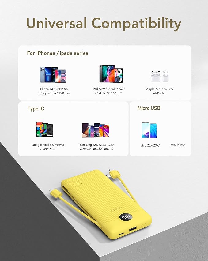 VEGER Portable Charger Power Bank with Built-in AC Plug and Cables, All in One 10000mAh Ultra Slim Travel Essentials, Fast Charging Battery Pack Compatible with iPhone, Samsung, Android, Yellow