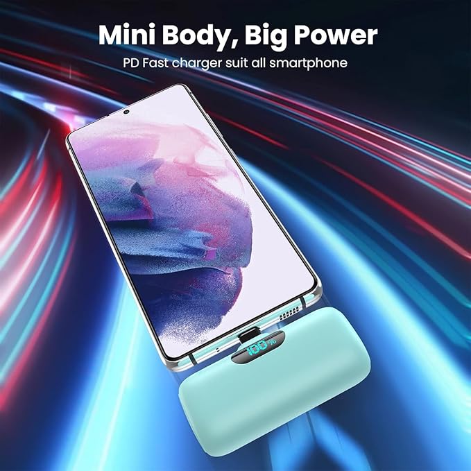 Mini Portable Charger USB C Power Bank,5000mAh PD Fast Charging Battery Pack Built-in USB-C Connector Travel Essential for iPhone17/17Pro/17Pro Max/Air/16 Plus/16Pro Max/15 Series,Android Green