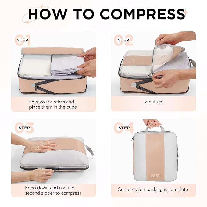 10 Set Compression Packing Cubes for Travel Essentials,Compressible Expandable Packing Cubes for Suitcase,OlarHike Luggage Garment Bags for Travel,Handy Helper for Organizing Clothes(Gold)