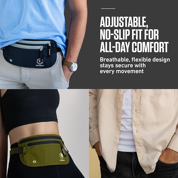 VENTURE 4TH Money Belt for Travel – Slim Hidden Under-Clothes RFID Blocking Anti-Theft Passport Holder & Travel Wallet Pouch for Men & Women to Protect Cash, Cards & Documents (Blue)