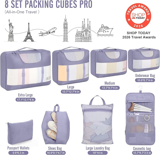 Veken 8 Set Packing Cubes for Travel Essentials,Anti-Wrinkle Buckled Suitcase Organizer for Shoe & Toiletry Bag,Carry On Luggage Bag for Airplane & College Dorm Room Accessories,Women Men Gifts