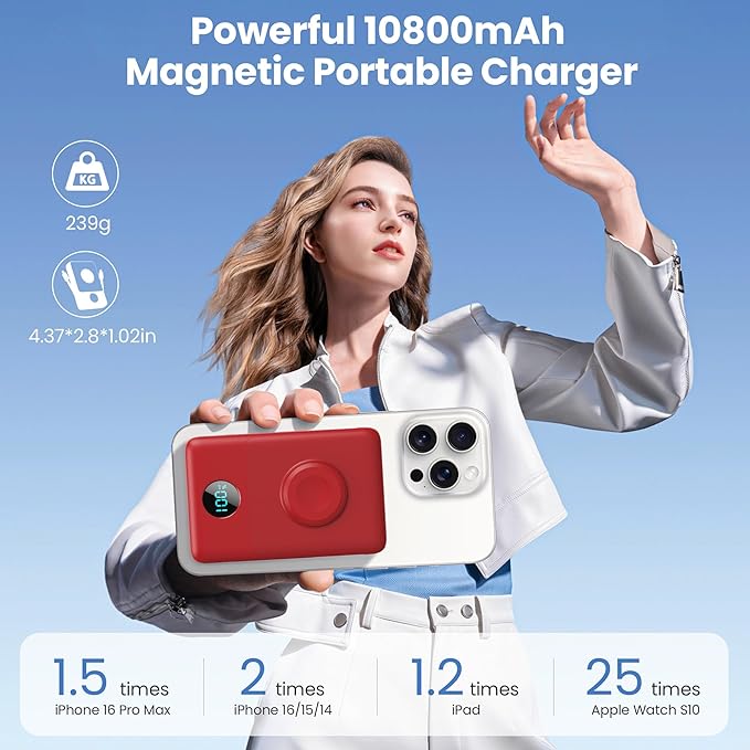 Ekrist Magnetic Portable Charger for MagSafe with Built-in Cable,iWatch Charger,Wireless Power Bank Travel Essentials,25W Fast Charging Battery Pack for iPhone 17/16/15,Apple Watch(Red,10800mAh)