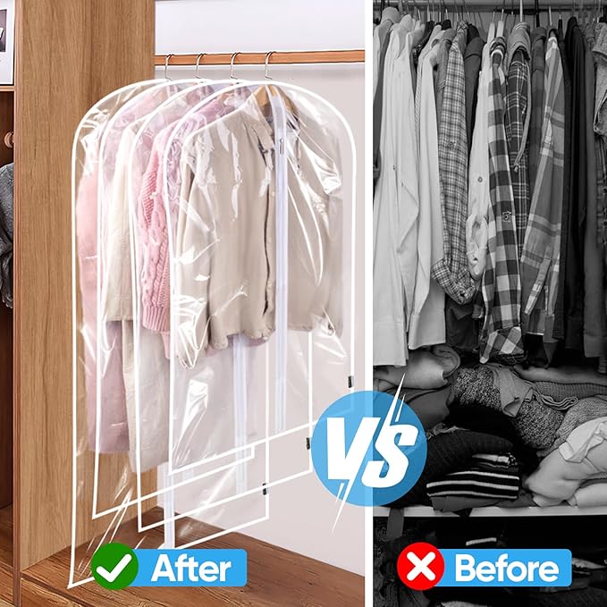 BALEINE 60'' Clear Garment Bags, 6 Packs PEVA Dress Bag for Closet Clothes Dresses Suit Coats Storage (Clear, 6PK)