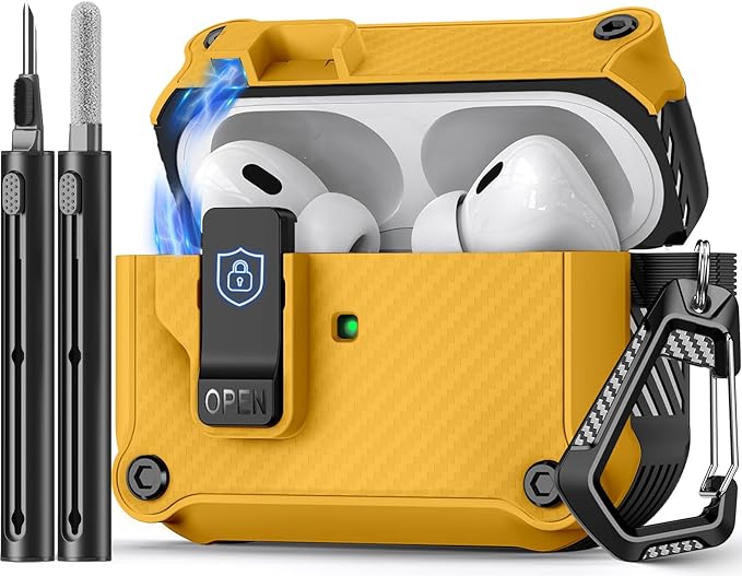 Pohgelan Compatible with AirPods Pro 2nd/1st Case,Magnetic Automatic Lock with Cleaning Kit,Compatible with Magsafe,Carbon Fiber Texture Cover -Yellow