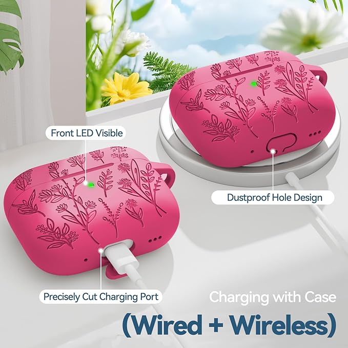 for AirPods Pro 2 Case, Ekoonpft Silicone AirPod Pro Cases with 3-in-1 Cleaning Kit & Keychain, Flower Engraved Cover for Apple AirPods Pro 2nd/1st Generation, Shockproof & Anti-Scratch