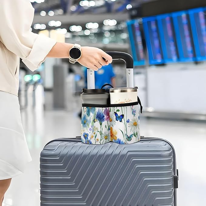 Luggage Cup Holder for Suitcases Free Hands Suitcase Cup Holder Travel Luggage Drink Holder Portable Luggage Cup Caddy Bag Carrier with Handle Watercolor Cornflower Daisy