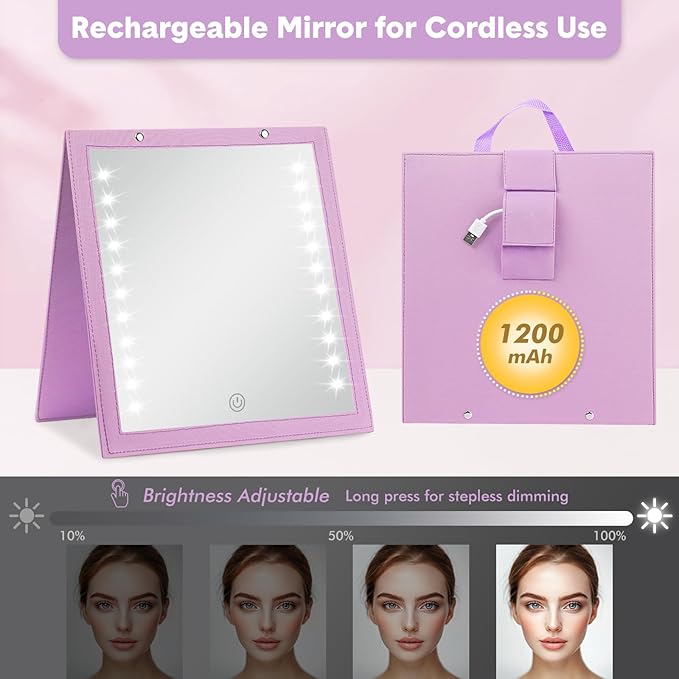 Fabuday Lighted Hanging Mirror for Dance Backstage - Rechargeable Folding LED Full Length Mirror with Lights for Dancers, Portable Foldable Travel Body Mirrors, Brightness Adjustable, Purple