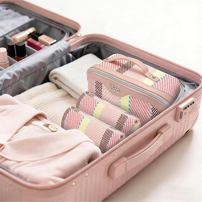 BOYATU Travel Makeup Bag Cosmetic Bag for Women: 3 Pcs Set Make up Bag with Compartments - Waterproof Vegan Leather Toiletry Bags with Handle - Makeup Organizer for Travel Essentials(C-3-Pink)
