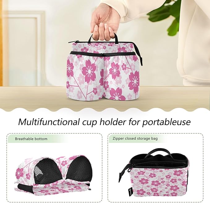 Luggage Cup Holder for Suitcases Free Hands Suitcase Cup Holder Travel Luggage Drink Holder Portable Luggage Cup Caddy Bag Carrier with Handle Cherry Blossom Floral Pink
