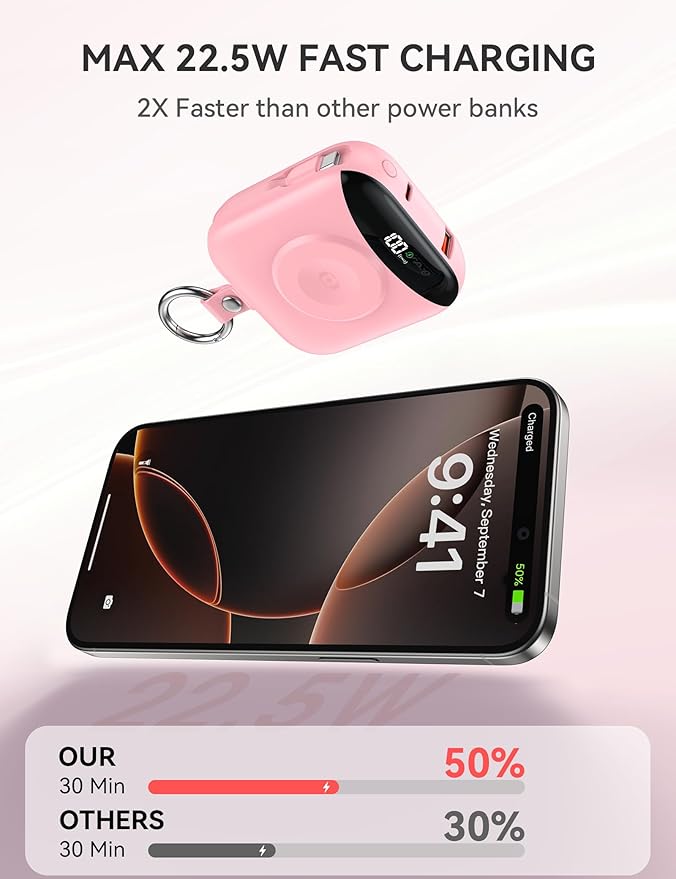 citicr Portable Charger, 10000mAh 22.5W Fast Charging Power Bank with Built-in Cables, Travel Battery Pack with LED Display for iPhone, Portable iWatch Charger for 11/10/9/8/7/6/5/4/SE/Ultra Pink