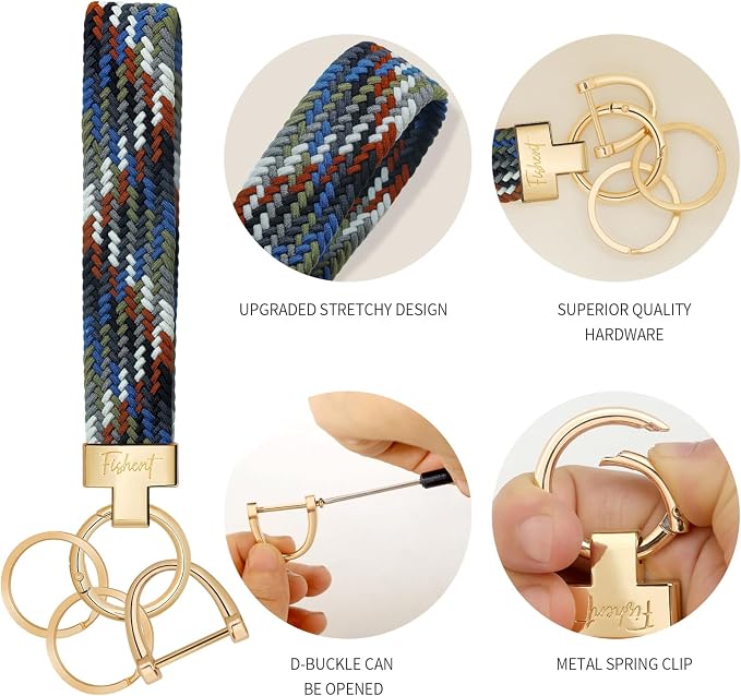 Fishent Stretchy Wristlet Keychain, Cute Key Chain, Woven Wrist Lanyard for Car Keys with 3 Keyrings and D-ring for Women Men