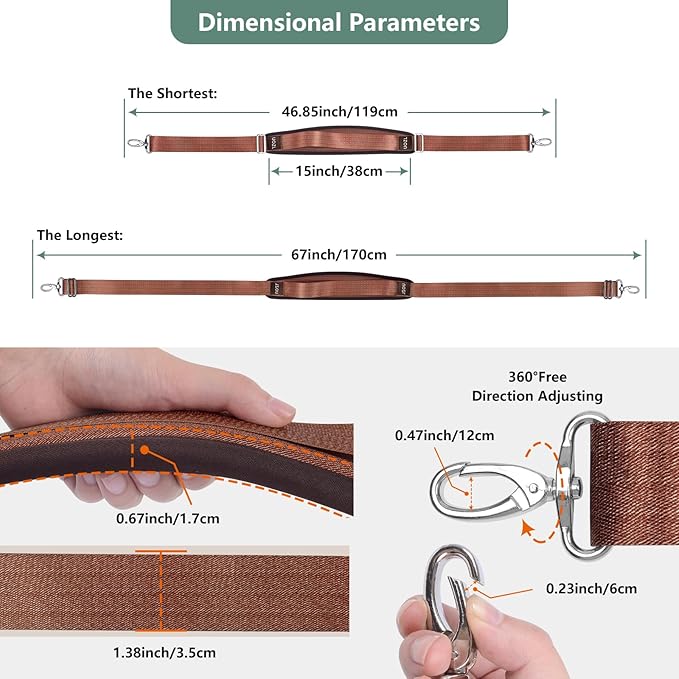 67 Inch Shoulder Straps, Soft with Ultra-Thick Fixed Shoulder Pad, Two Way Independently Adjustable Buckle Replacement Straps for Laptop Bag Messenger Bag Tool Bag Luggage,Brown