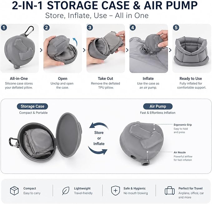 Inflatable Neck Pillow for Travel – Adjustable Cervical Support Brace for Sleeping, Posture, Plane & Office – Ultra-Lightweight, Portable & Compact – Gray Neck Support for Men & Women
