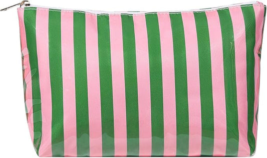 Large PVC Waterproof Striped Makeup Bag,Clear Coated Cosmetic Bags,Easy to Clean,Travel Organizer Zipper Pouch Beach Vacation Essentials for Women Girls(09Pink Green)
