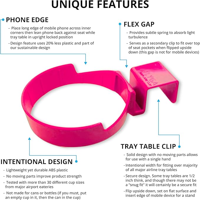 FLYGA Airplane Cup/Phone Holder Travel Accessory (Pink) Must Have Airplane Travel Essential Accessory for Flying Travel Gift Ideas