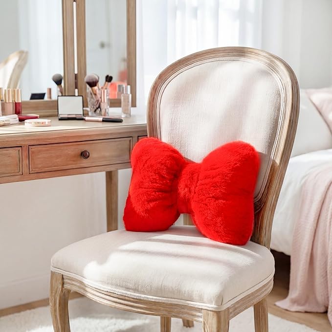 Macarrie 2 Pcs Car Neck Pillow Velvet Bow Headrest Pillow Soft Comfortable Seat Neck Support Cute Bow Car Accessories for Driving Travel Driver Chair Girl Style Interior Decor(Solid,Red)