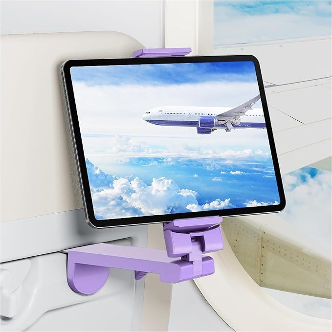 Airplane Tablet Holder Mount, Travel Essential Handsfree Tablet Stand with 360 Degree Rotation, Maximum 7.6” Clamp Opening, Compatible with iPad (Only Fits 7–11" Tablets) Purple
