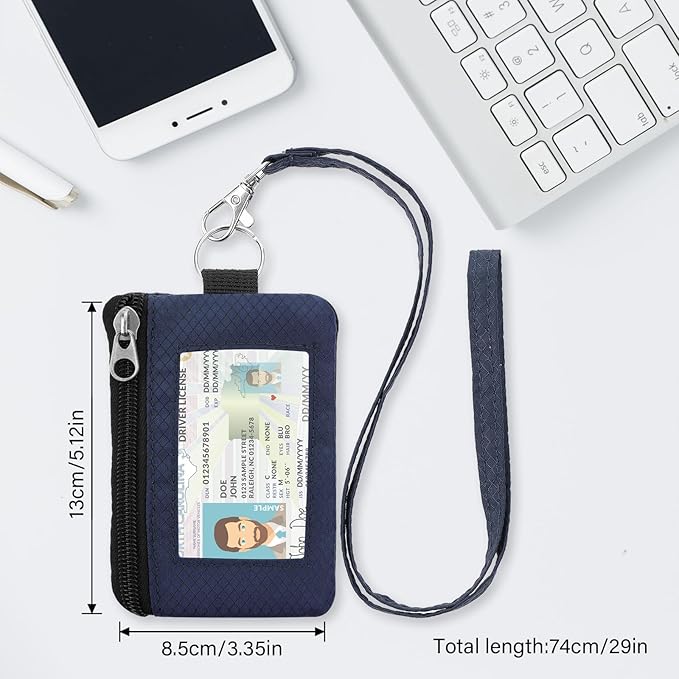 Minimalist RFID Wallet with Lanyard, Multi-Functional ID Case with 2 Zipper Pockets and Key Chain for Men and Women, Tactical Badge Pouch Cards Holder, Coin Purse for Travel Sports - Gray&Blue