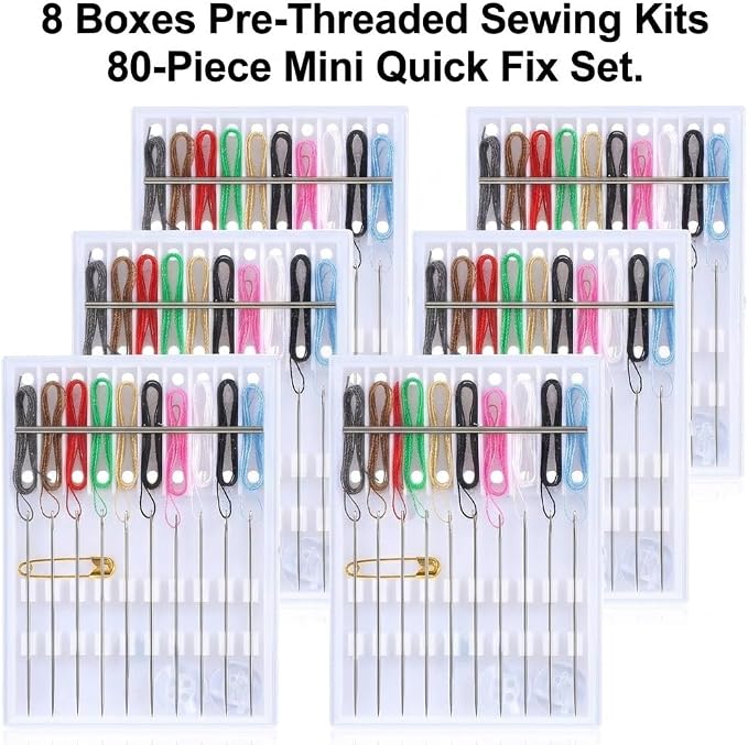 Mini Sewing Kit, 80 Pieces in 8 Compact Cases with Pre-Threaded Needles, Assorted Color Threads, Safety Pin, Shirt Buttons, Portable Travel Emergency Repair Kit for Home, Hotel, Business Trip